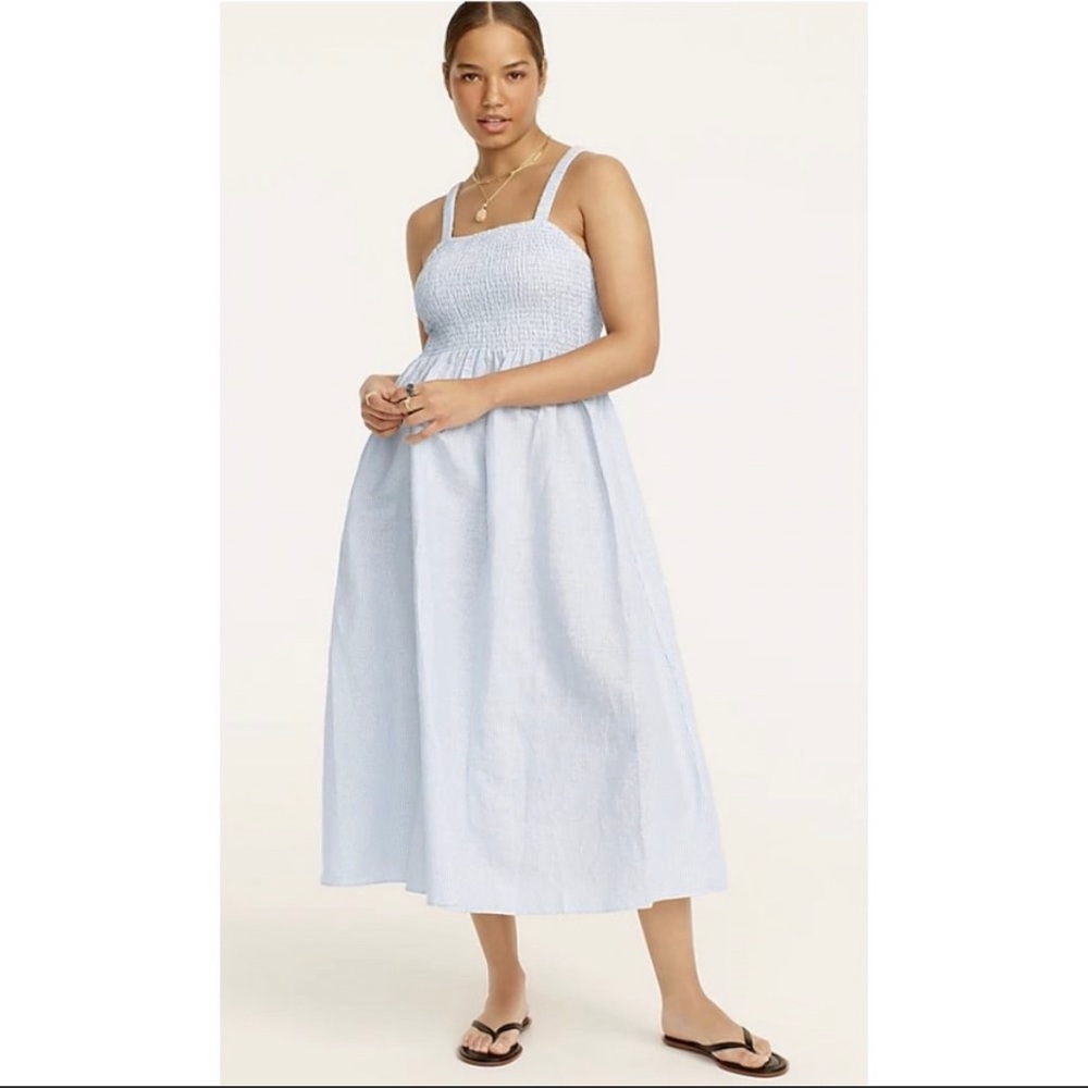 J Crew Smocked beach dress in linen -cotton stripe, 3x